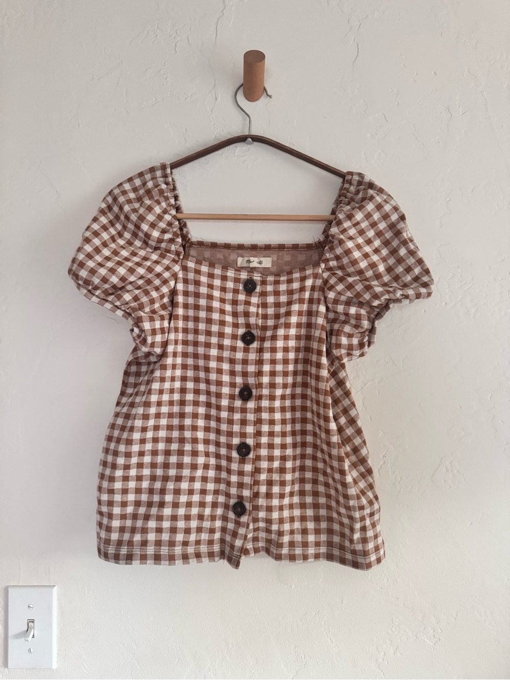 Madewell Brown and Cream Gingham Puff-Sleeve Button Top